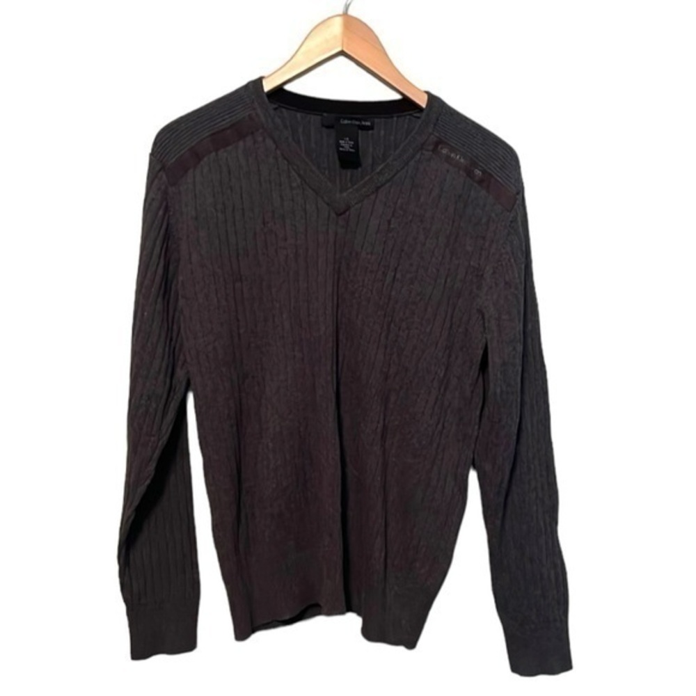 Calvin Klein Jeans V Neck Sweater Ribbed Dark Gray Mens Size Large